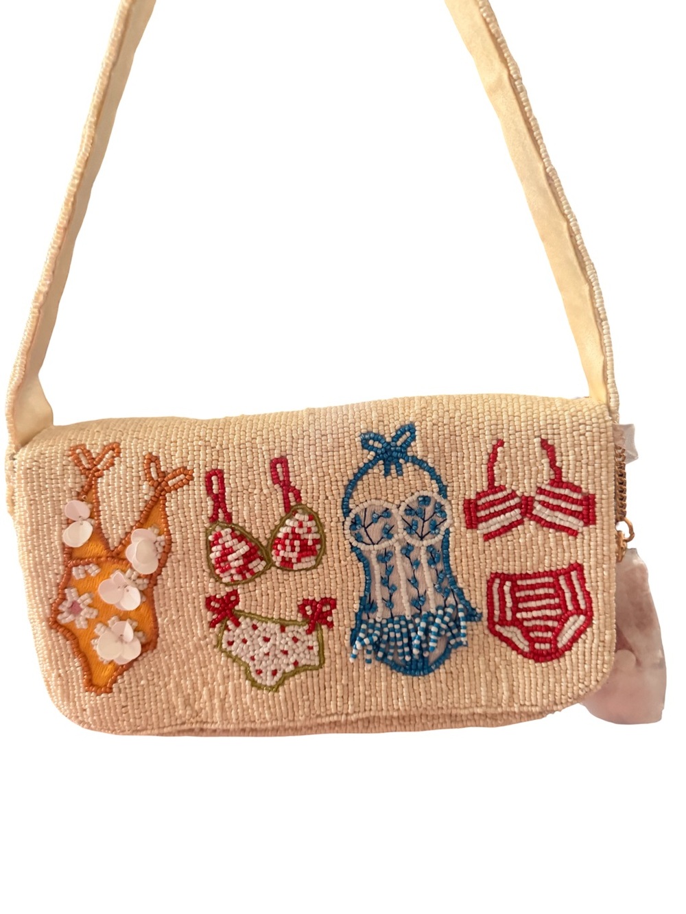 Hand-Beaded Cream Beach Bikini Motif Shoulder Bag